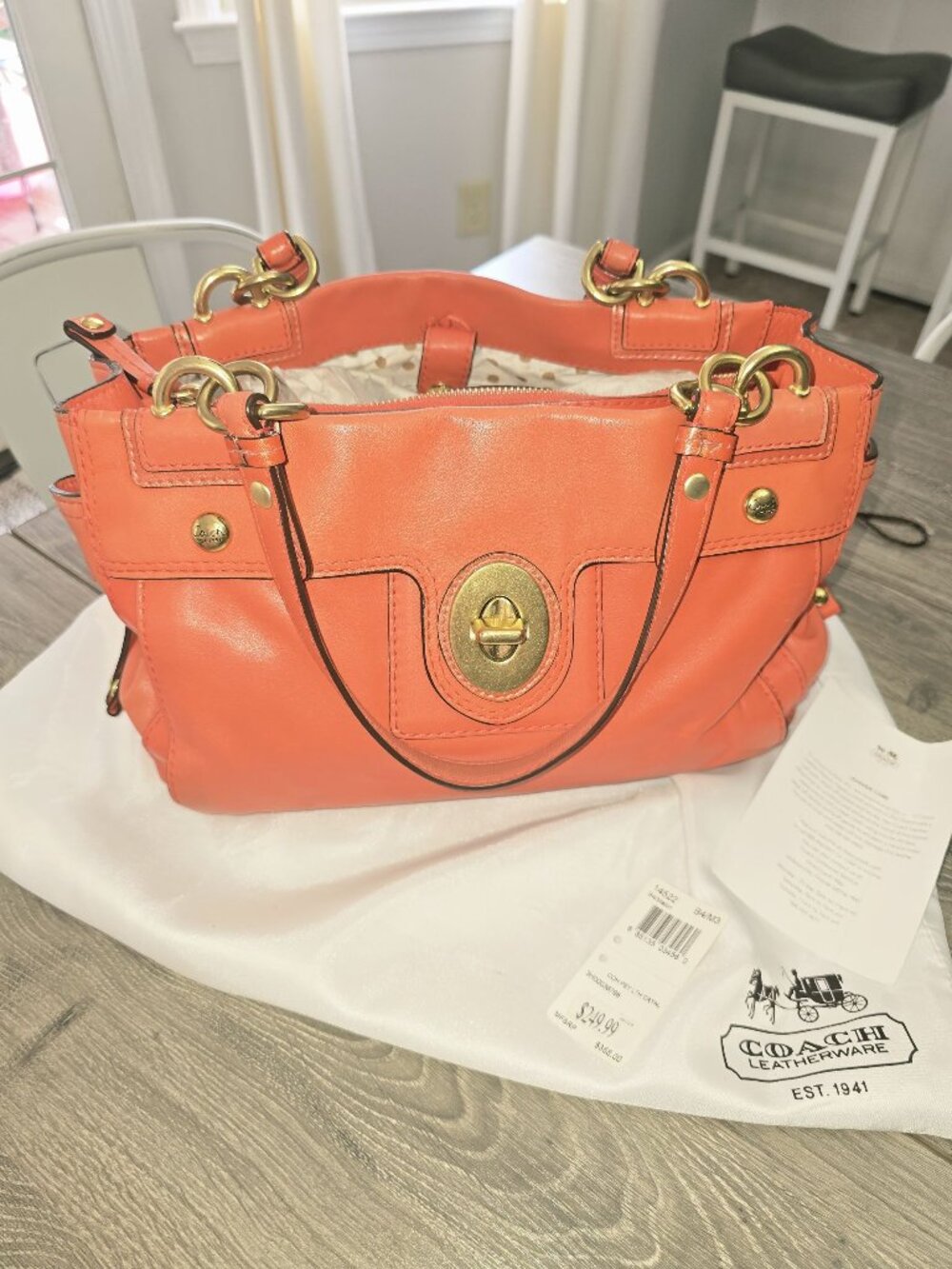 Coach Peyton Leather Satchel In Melon Coral With Polka Dot Interior Gold Hardwar